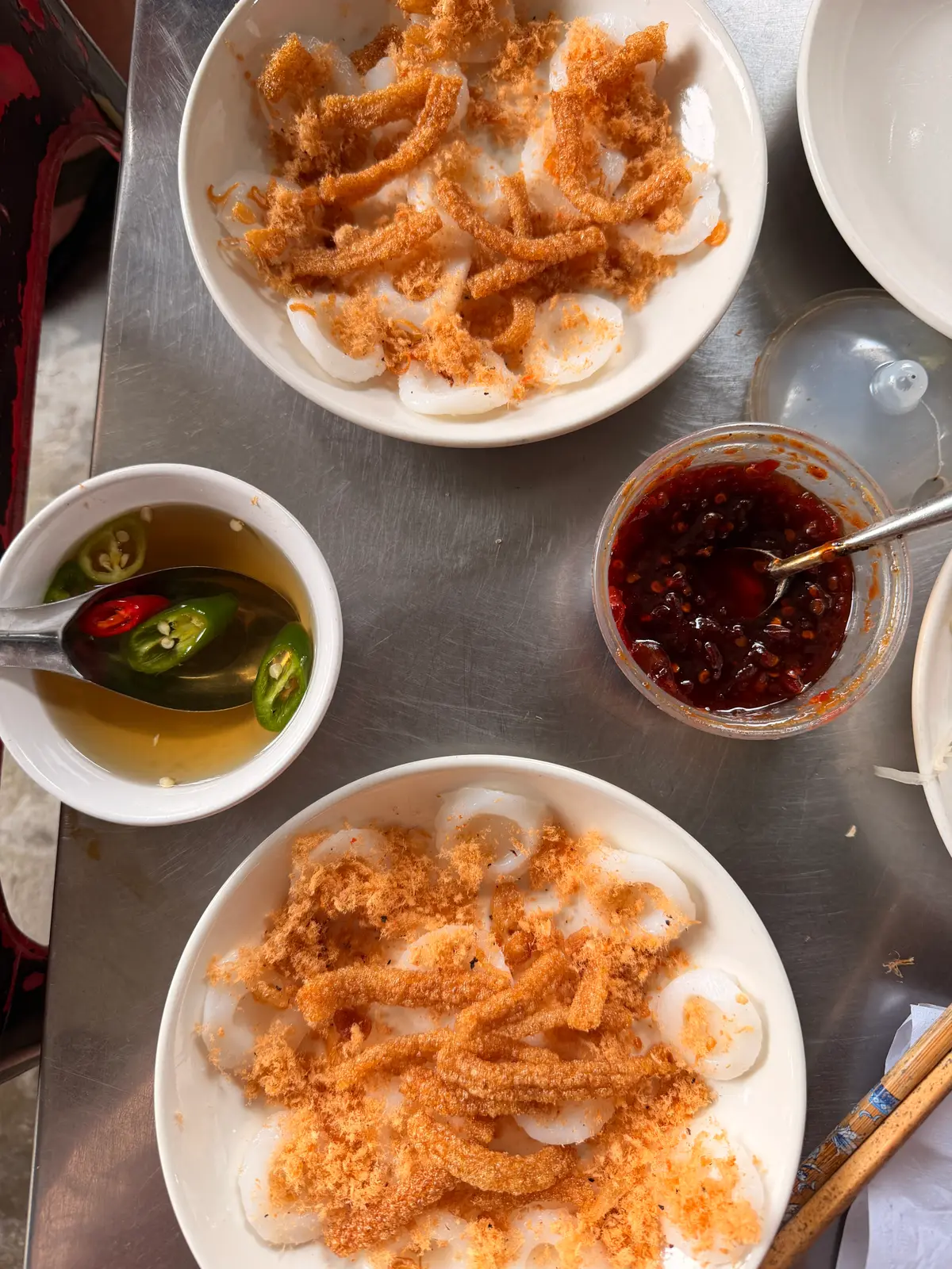 Bowl of banh beo and a dish of chilli sauce at Ba My, Hoi An