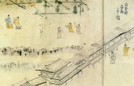 Tranh cuộn thế kỷ 17 vẽ phố Nhật ở Hội An với chiếc cầu có mái và những người mặc áo dài rộng.