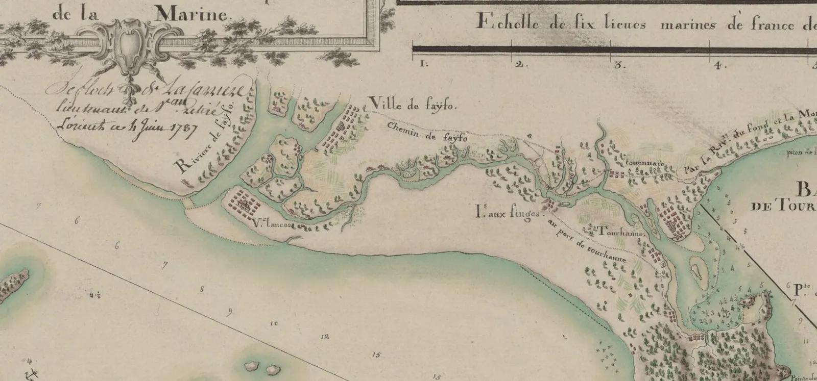 Phần bản đồ hàng hải cổ vẽ tay, có bờ sông, cụm nhà, các dòng chữ Ville de Fayfo và Rivière de Fayfo, vịnh Tourane ở bên phải.