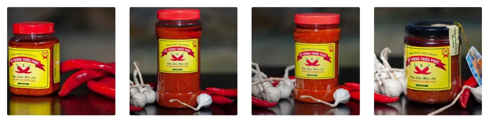 Four jars of Trieu Phat chilli sauce with yellow and red labels, shown on the maker's own product page.