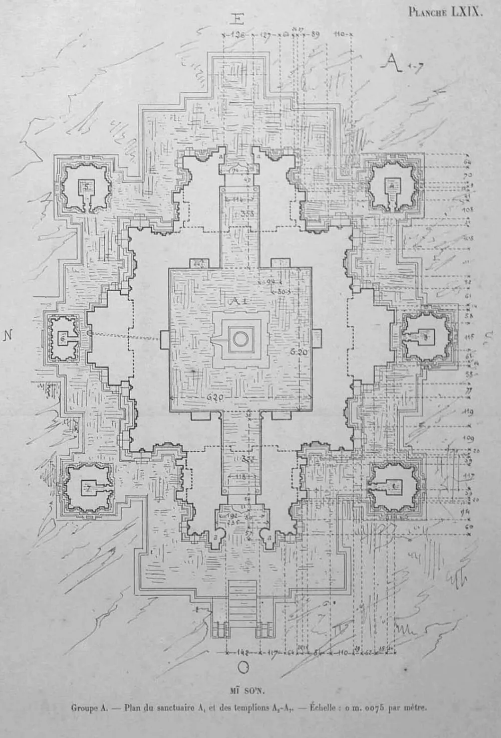Ground plan of tower group A at My Son: the main tower A1 in the middle and six small towers A2 to A7 around it, a drawing by Henri Parmentier.