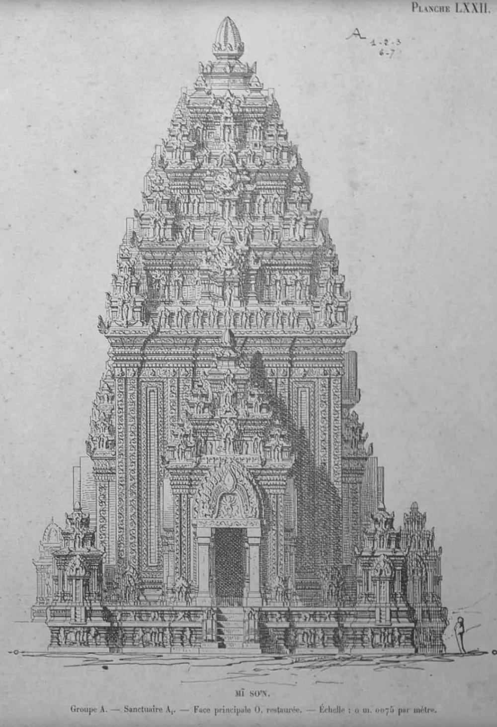 A reconstruction drawing of the west front of temple A1 at My Son, from Henri Parmentier's book.