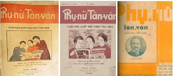 Ba bìa tuần báo Phụ nữ tân văn ở Sài Gòn, tên báo chữ đỏ, hình phụ nữ cùng đọc báo và một chân dung đàn ông.